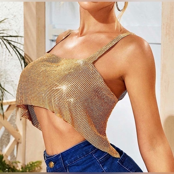 Crystal Crop Top Gold Sparkly Sequin Halter Top Rhinestone Backless Sleeveless - Picture 1 of 3